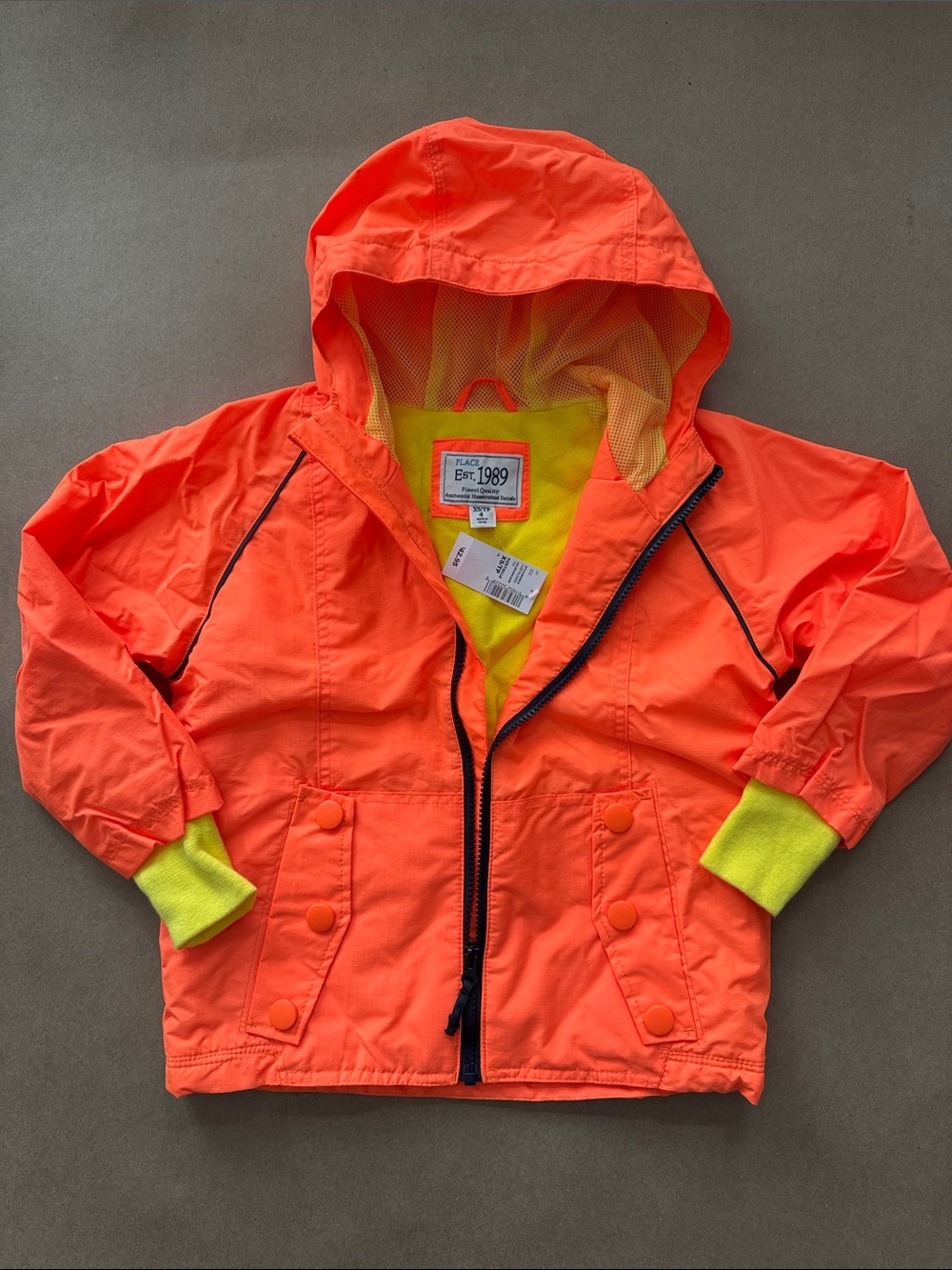 The Children's Place Neon Orange Hooded Rain Jacket with Yellow Lining